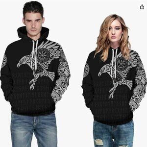Rainbow Town Unisex Viking Tattoo Pattern Hoodie Big Pocket Odin/Asgard Totem SM